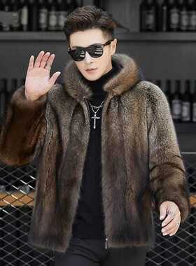 秋冬新款男士商务休闲仿貉子毛裘皮连帽外套轻奢气质时尚加厚上衣