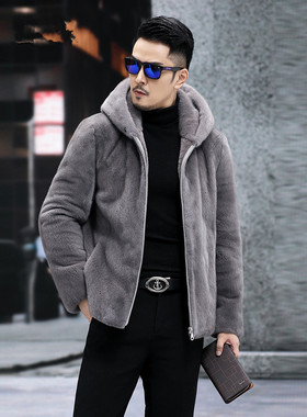 秋冬季男士裘皮休闲连帽皮草水貂毛外套加厚轻奢气质修身商务风衣