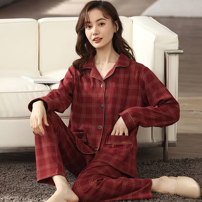 100%纯棉睡衣女长袖春秋季大码开衫中年妈妈套装中老年人家居服