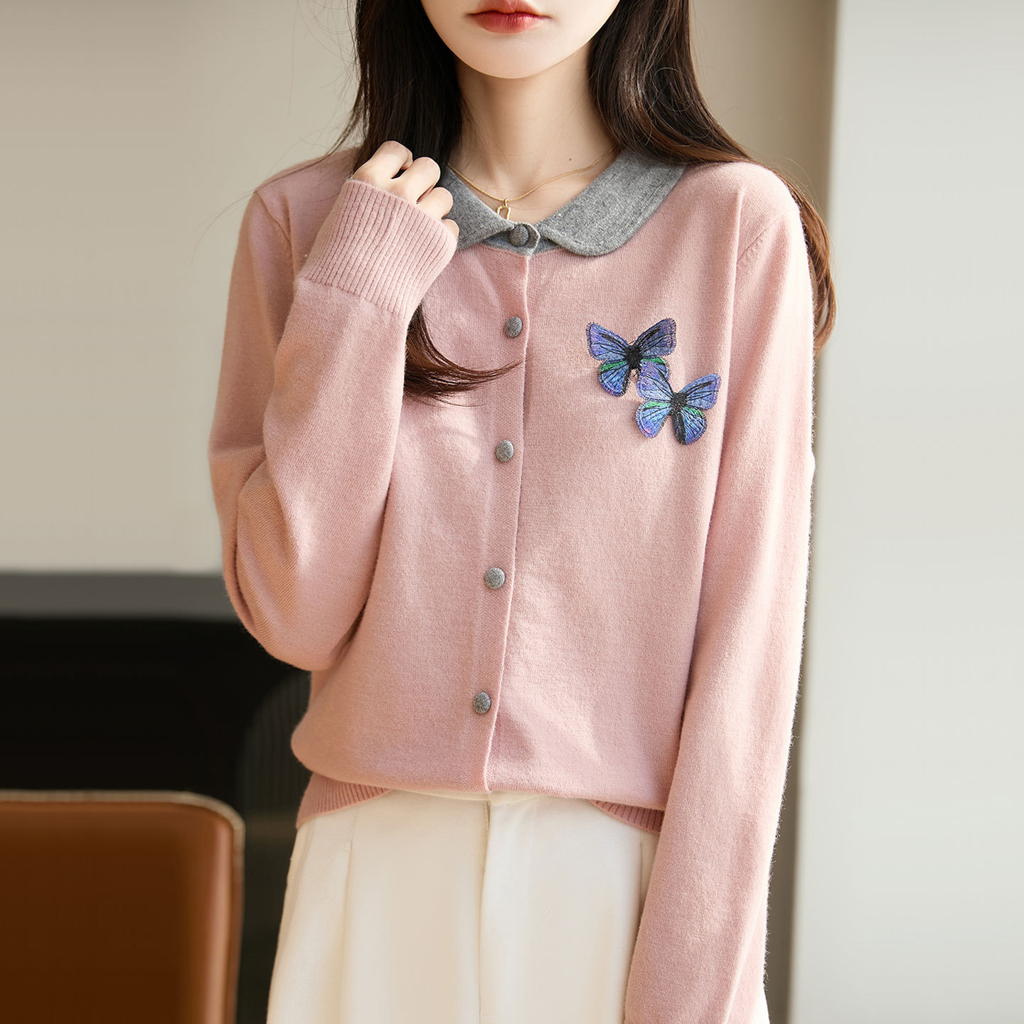 秋冬撞色娃娃领长袖针织开衫女