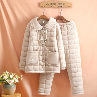 新款秋冬季女士三层夹棉袄睡衣大码珊瑚绒加绒加厚时尚家居服套装