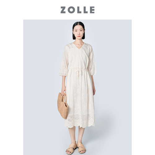 ZOLLE因为蕾丝V领绣花连衣裙