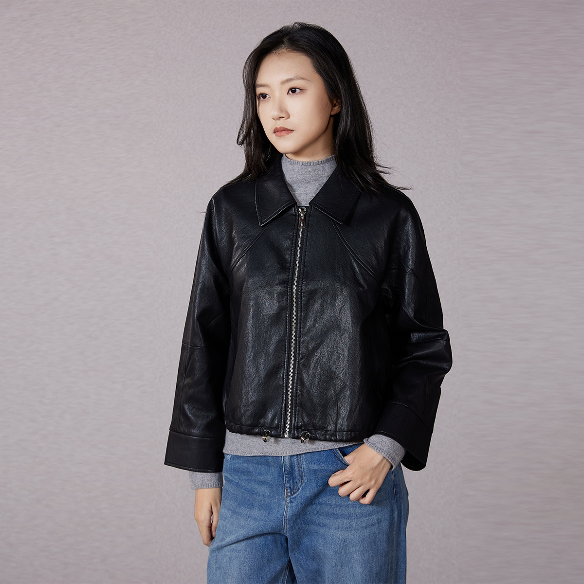 ZOLLE复古风翻领短款皮衣