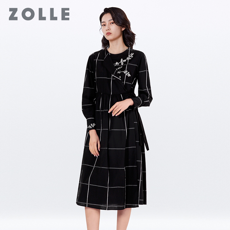 ZOLLE因为秋季新款圆领显瘦连衣裙个性不规则中长款系带款女裙子