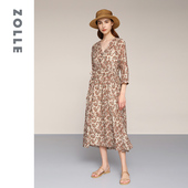 桑蚕丝 ZOLLE因为原创印花碎花显瘦V领连衣裙女春夏新品