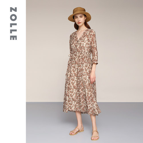 桑蚕丝印花V领显瘦连衣裙