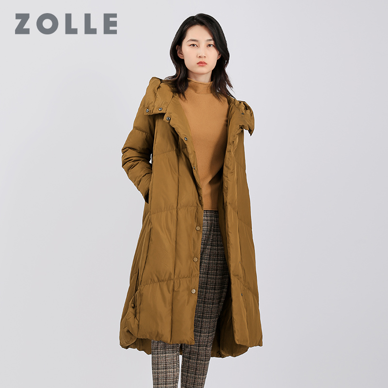 ZOLLE因为秋冬新款纯色百搭保暖羽绒服中长款显瘦连帽女外套