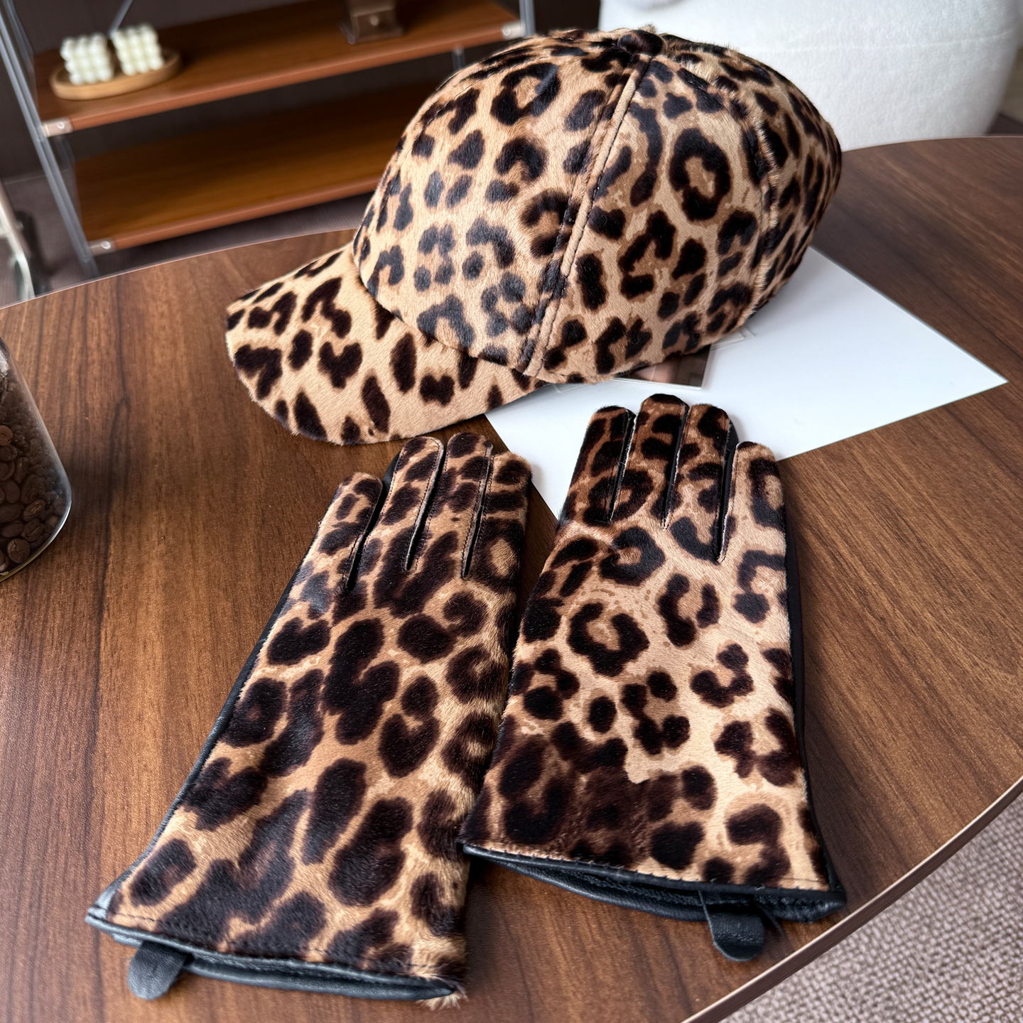 新款真毛马毛豹纹印花帽子手套
