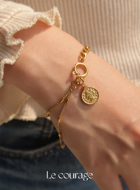 Le courage | 复古小金币人像吊坠古巴链拼接双层钛钢镀金手链