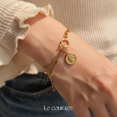 Le courage | 复古小金币人像吊坠古巴链拼接双层钛钢镀金手链