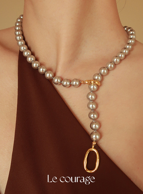 Le courage 真多麻银灰强光正圆施家水晶珍珠项链毛衣链 可调节
