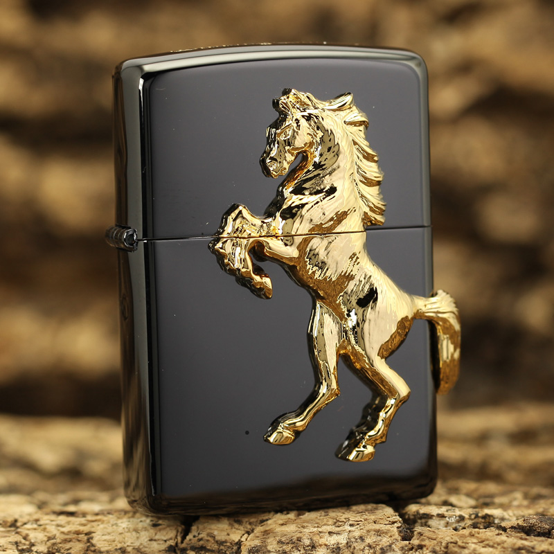 ZIPPO原装正品打火机 黑冰镀金 奔腾骏马 黑底金马 专柜正版限量