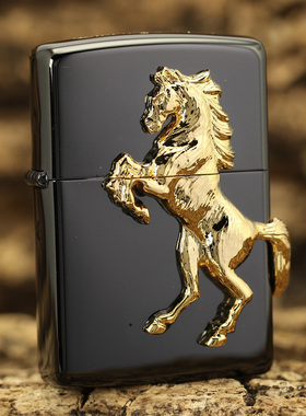 ZIPPO原装正品打火机 黑冰镀金 奔腾骏马 黑底金马 专柜正版限量