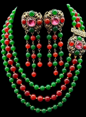 中古Vintage复古气质优雅经典红绿撞色琉璃串珠奢华项链耳夹套装