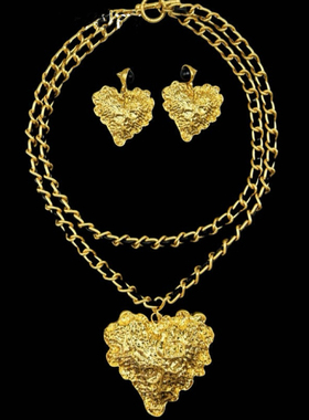 Vintage电镀真金皮子链叠戴熔岩纹理夸张大爱心吊坠项链耳钉套装