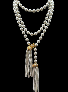 中古Vintage法式珍珠流苏高级气质优雅珍珠蜜蜂扣项链毛衣链腰链