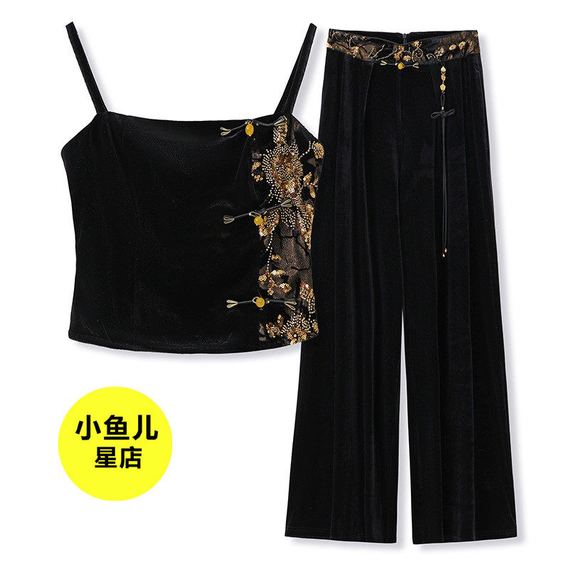 高端版复古早秋新款端中式国风性感刺绣吊带轻奢宽松长裤两件套女,女装/女士精品,休闲运动套装,淘宝优惠券,粉丝福利购,淘宝优惠卷