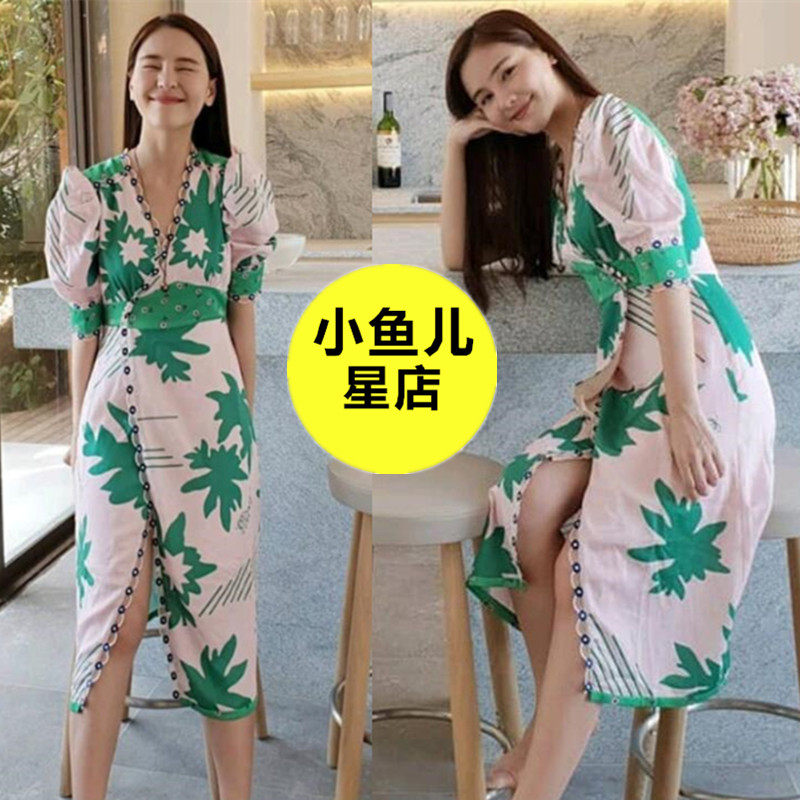 李海娜泰国度假风印花波西米亚连衣裙v领灯笼袖开叉显瘦女神长裙
