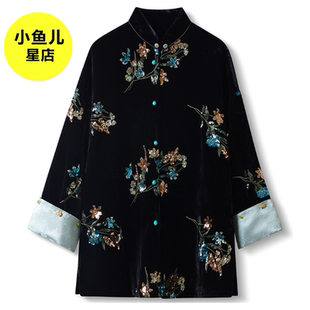 高端版新中式国风缎面花朵重工亮片刺绣衬衫高级感黑色宽松上衣女