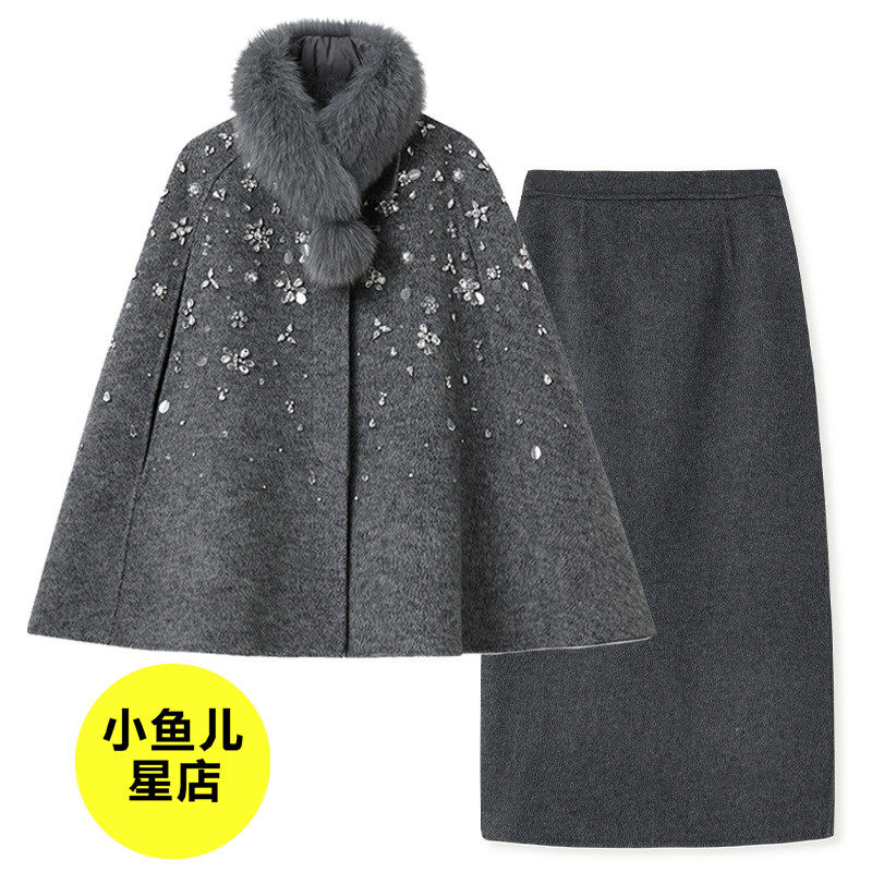 高端版冬季重工绣花羊毛呢钉珠狐狸毛领斗篷双面呢半裙新中式套装,女装/女士精品,汉服套装,淘宝优惠券,粉丝福利购,淘宝优惠卷