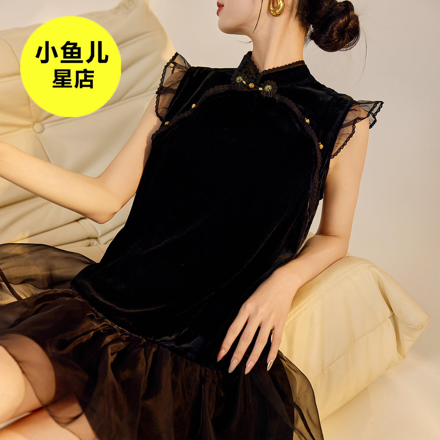 高端版复古新中式网纱花边拼接桑蚕丝连衣裙国风时尚盘扣仙女裙女
