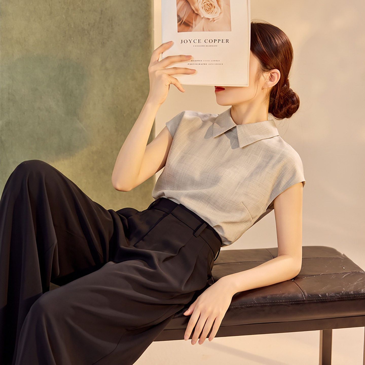 改良汉服新中式秋季款黑色翻领飞飞袖设计简约上衣高腰阔腿裤套装