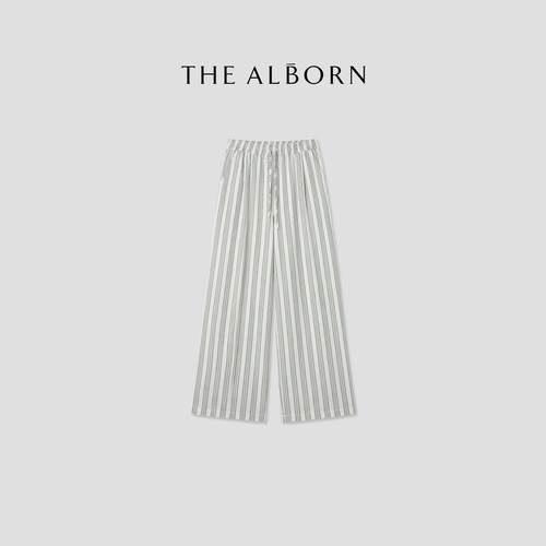 奥莉酱THE ALBORN·“老钱日记”进口亚麻精梳棉混纺 条纹阔腿裤
