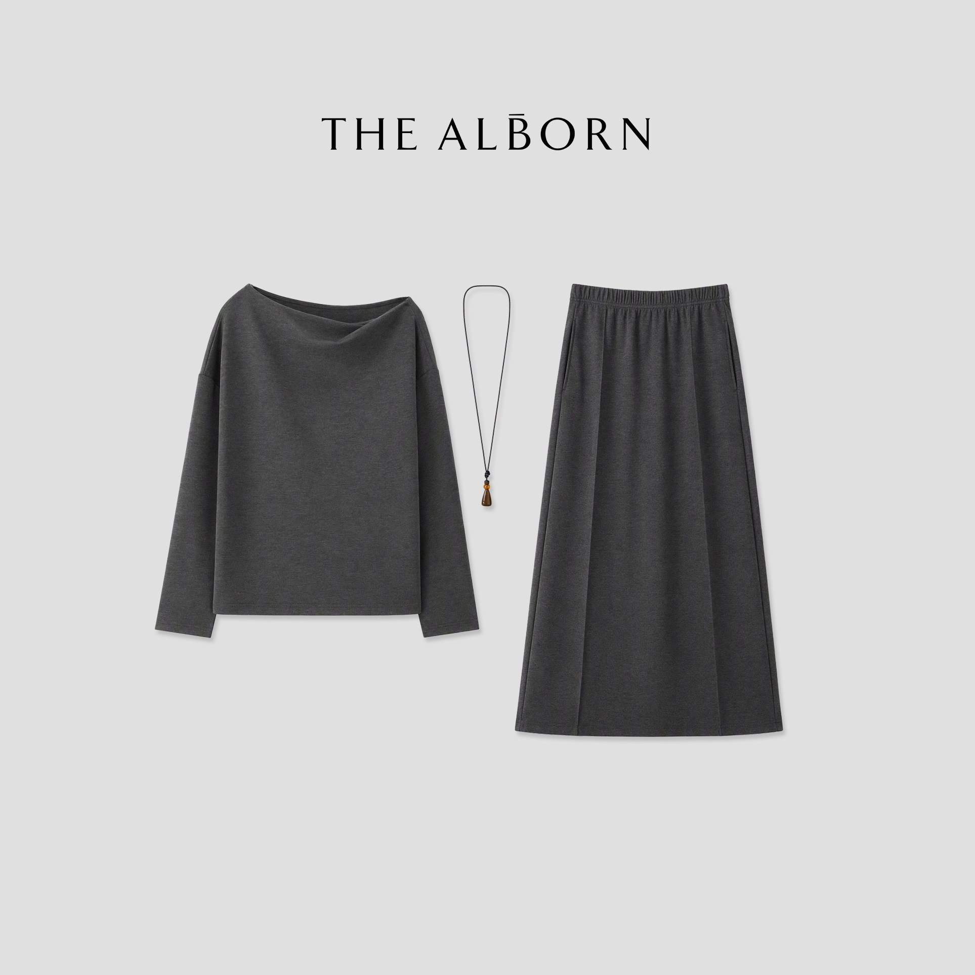 奥莉酱THE ALBORN·“都市街头”莫代尔混纺一字领上衣半裙两件套