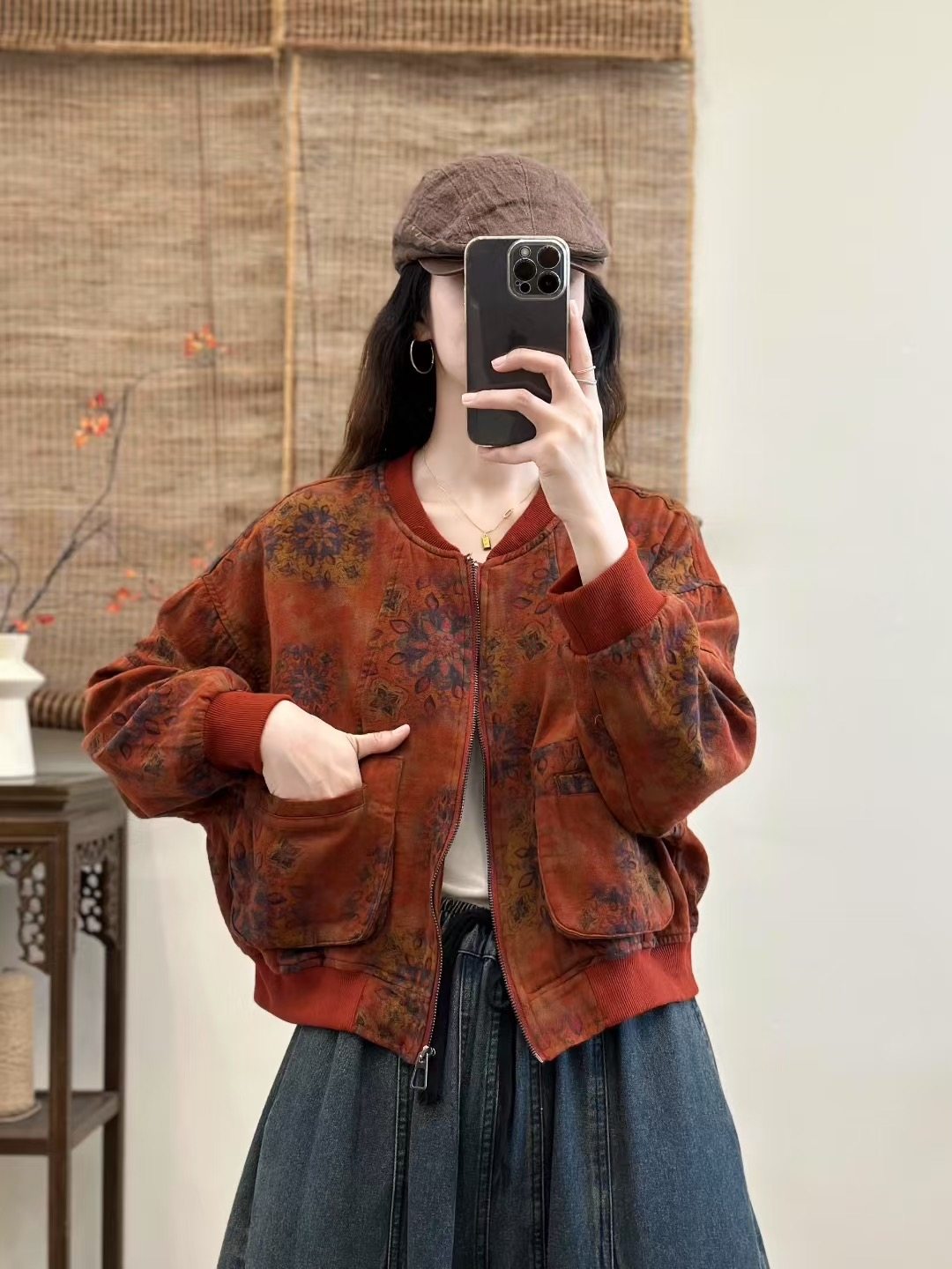 复古印花棉麻长袖女秋季新气质休闲百搭开衫棒球领上衣棉麻外套女