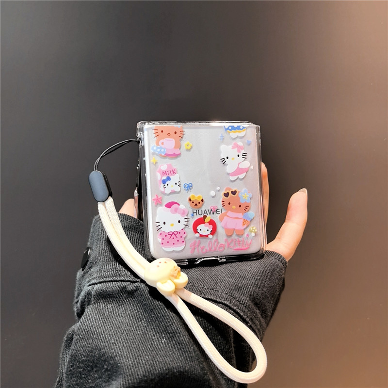 粉色KT猫适用华为pocket2手机壳purax硬nova三星zflip6 4卡通vivox可oppofindn3n2女荣耀v小米mix flip绳p50