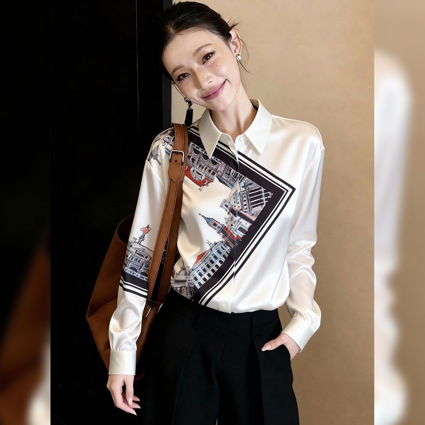 艺术复古白色衬衫轻奢翻领印花拼衬衫