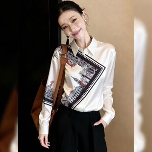 艺术复古白色衬衫轻奢翻领印花拼接长袖时尚个性上衣2026春季女