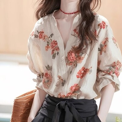 法式独特小上衣今年流行漂亮小衫早秋新款亚麻棉麻印花长袖衬衫女