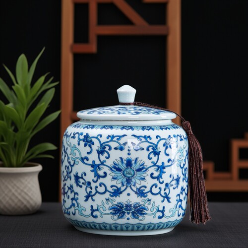 青花陶瓷防潮茶叶密封罐家用摆件