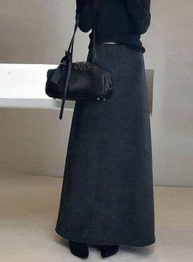 加绒加厚毛呢A字裙子高腰醋酸羊毛半身裙显瘦气质法式灰色长裙子