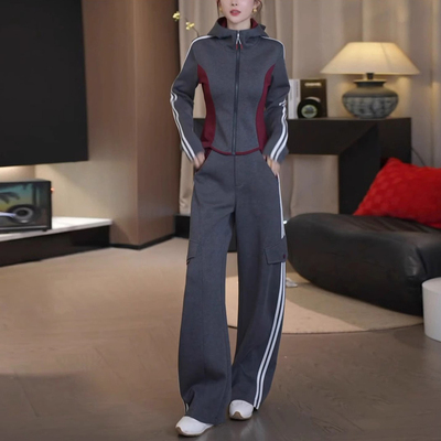 连帽开衫外套阔腿裤跑步两件套