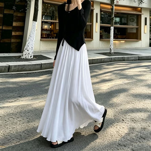 夏季透气抗皱棉麻半身裙子白色高腰遮胯显瘦A字裙飘逸拖地大摆裙