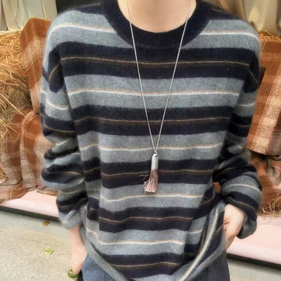 档口韩版加厚羊绒衫女秋冬圆领拼色毛衣慵懒宽松洋气针织条纹打底