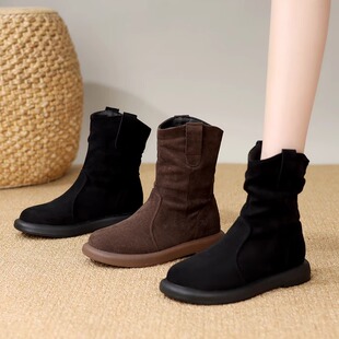 平底马丁靴女2025新款 单靴百搭英伦风堆堆靴软底瘦瘦短靴 秋冬季