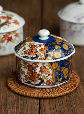 日本进口美浓烧复古染锦茶碗日式蒸蛋碗一人食炖盅带盖隔水蒸汤盅