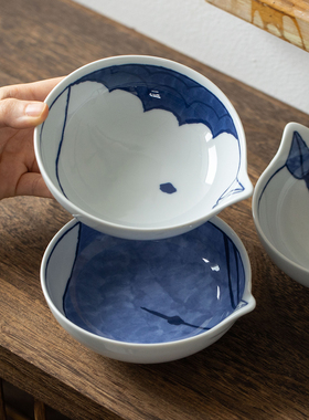 日本进口有田烧手绘小鸟碗盘日式饭碗单耳碗甜品碟早餐盘把手汤碗