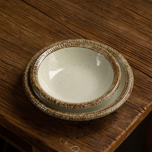 日本进口美浓烧复古粗陶粉引碗盘餐具日式菜盘甜品碟沙拉碗早餐碗