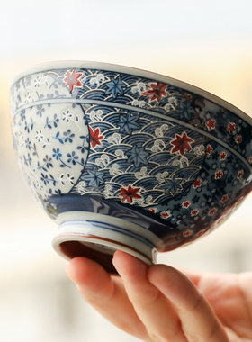 日本进口美浓烧复古蓝色樱花陶瓷米饭碗家用釉下彩小碗粥碗面碗