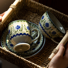 日本进口美浓烧绿色花园马克杯日式早餐杯茶杯点心碟复古咖啡杯碟