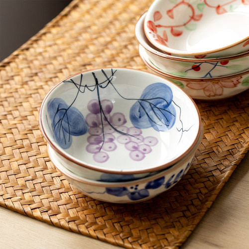 日本进口美浓烧手绘樱花葡萄陶瓷碗日式米饭碗前菜深盘多用碗汤碗