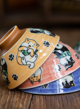 日本进口美浓烧可爱柴犬釉下彩陶瓷碗日式餐具套装家用米饭碗汤碗