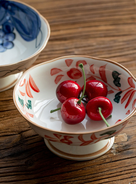 日本进口美浓烧赤绘唐草高脚盘茶点盘点心盘复古水果盘茶室干果盘