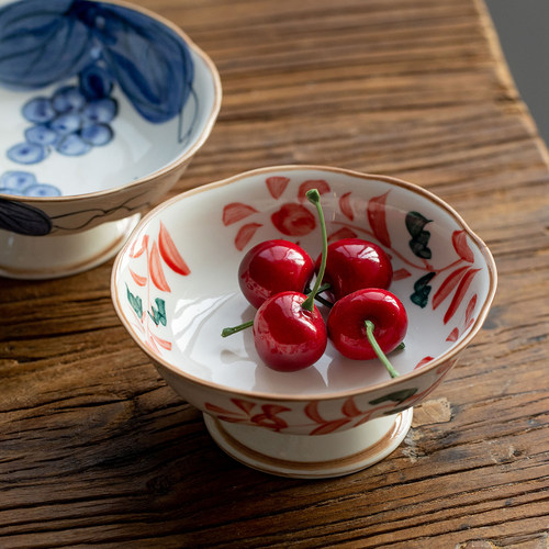 日本美浓烧赤绘唐草高脚盘干果盘