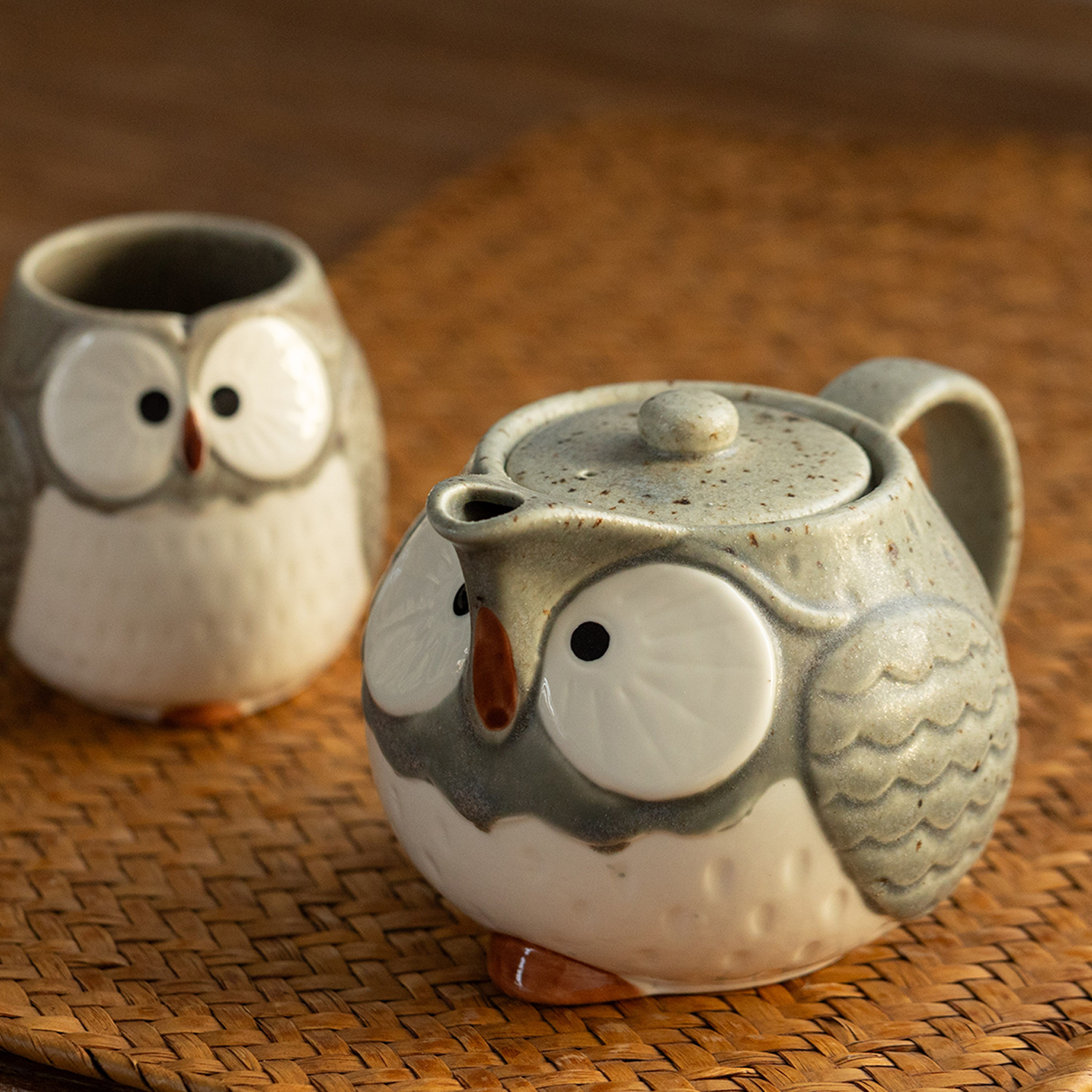 日本进口美浓烧可爱猫头鹰茶壶日式茶具套装手握茶杯带滤网泡茶壶