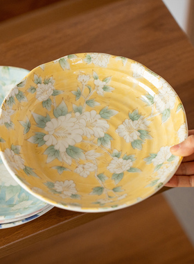 日本进口美浓烧木槿花陶瓷大盘子日式餐具盘碟家用釉下彩菜盘汤盘